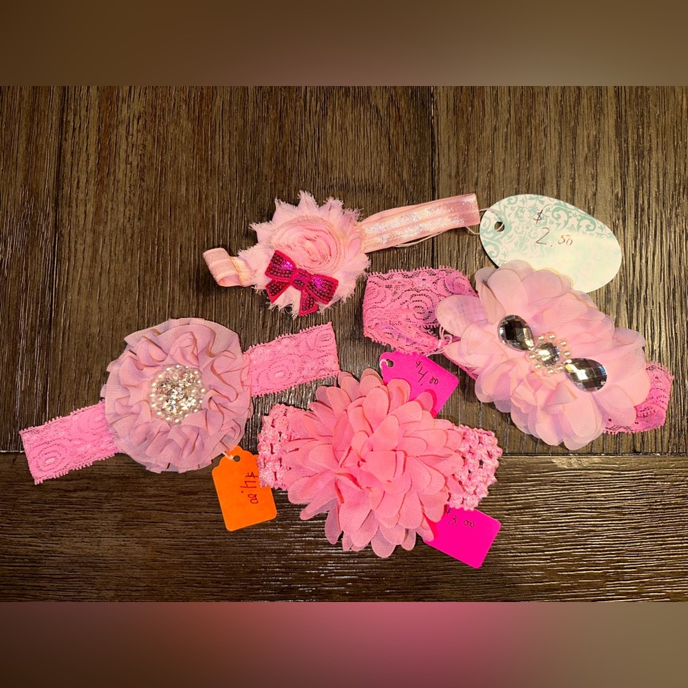 NWT Handmade Flower Headbands x 4 Infant Baby Child Girl Sequin Bow Gems Rose